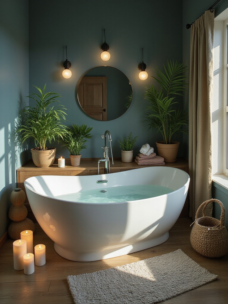 Serene spa oasis bathroom with a freestanding bathtub, soft lighting, and natural decorations.