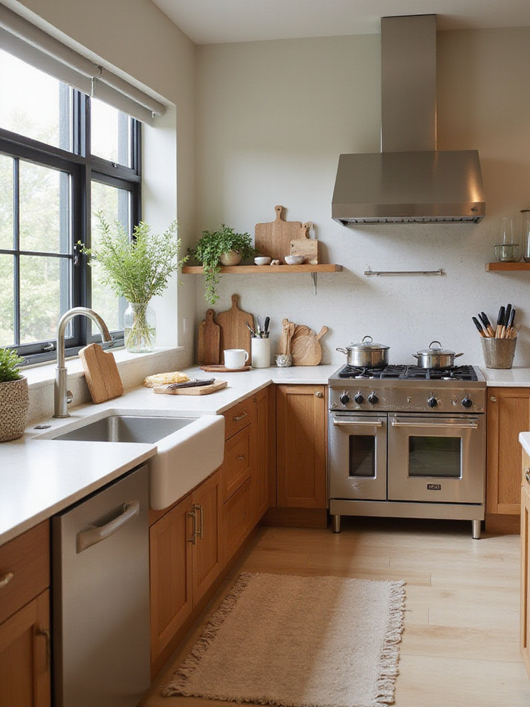 Modern kitchen layout showcasing dedicated zones for food preparation, cooking, and cleaning.