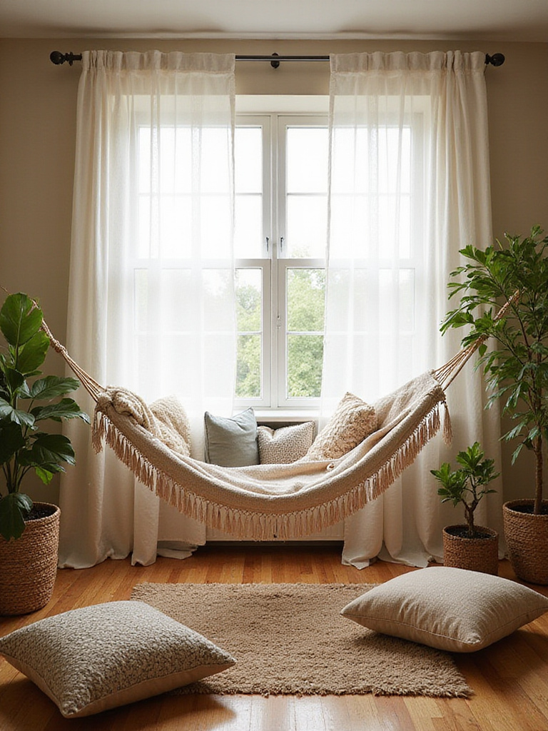 A cozy bohemian living room with a hammock, decorated with pillows and plants.