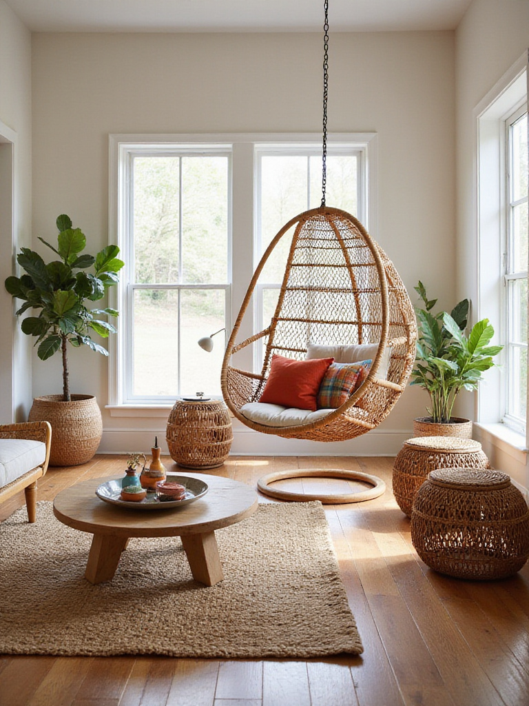 Boho living room featuring rattan and woven furniture with natural light