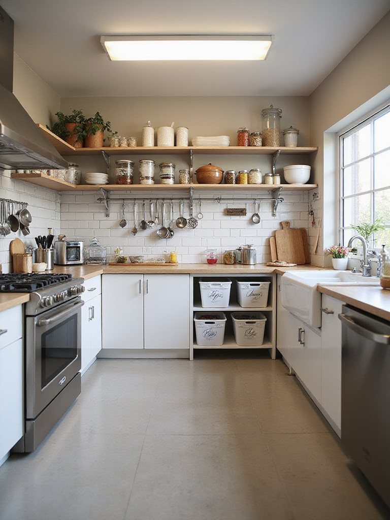 Organized kitchen with distinct zones for different cooking activities