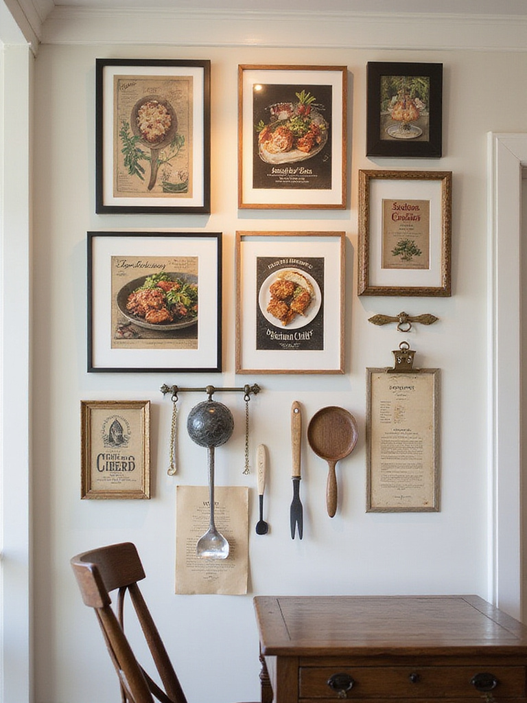 Gallery wall in a kitchen featuring culinary art and decor