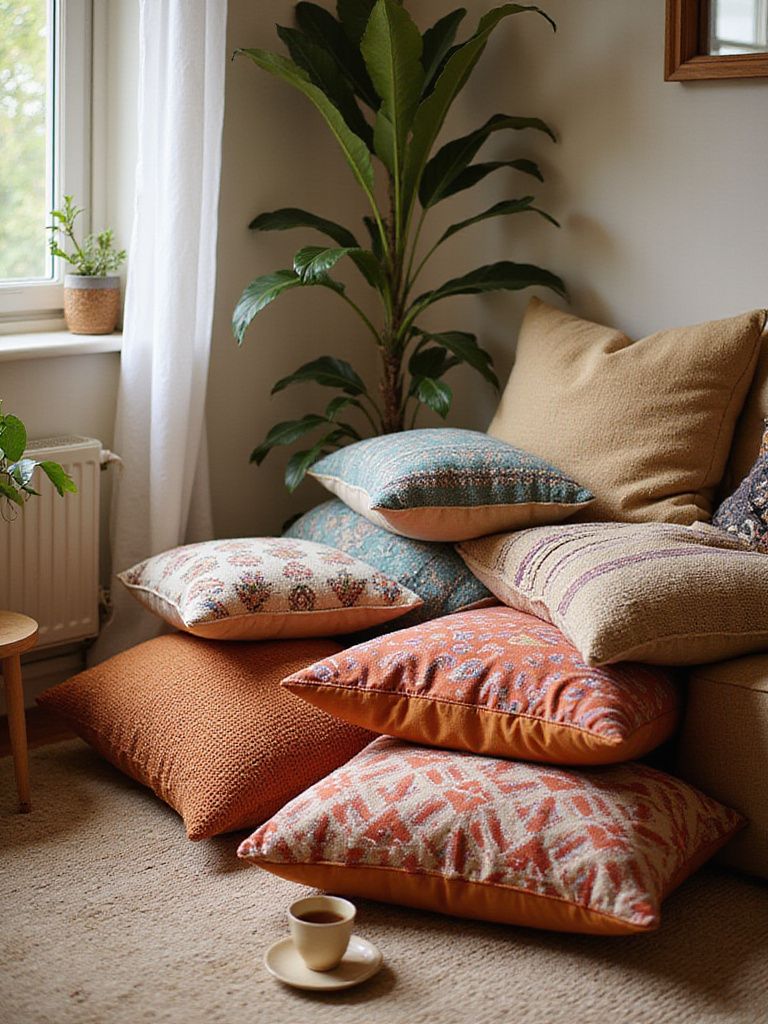 Cozy reading nook with colorful floor cushions and warm lighting