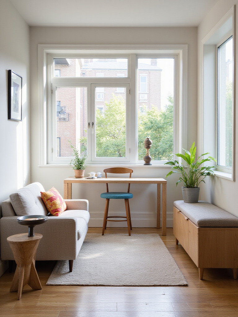 A cozy and functional small apartment living room layout with smart furniture arrangement.