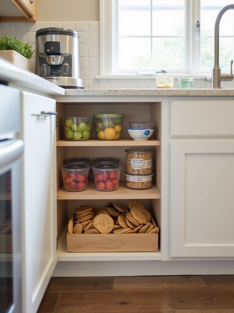 A well-organized kitchen corner for children with snacks and dishes at their level.