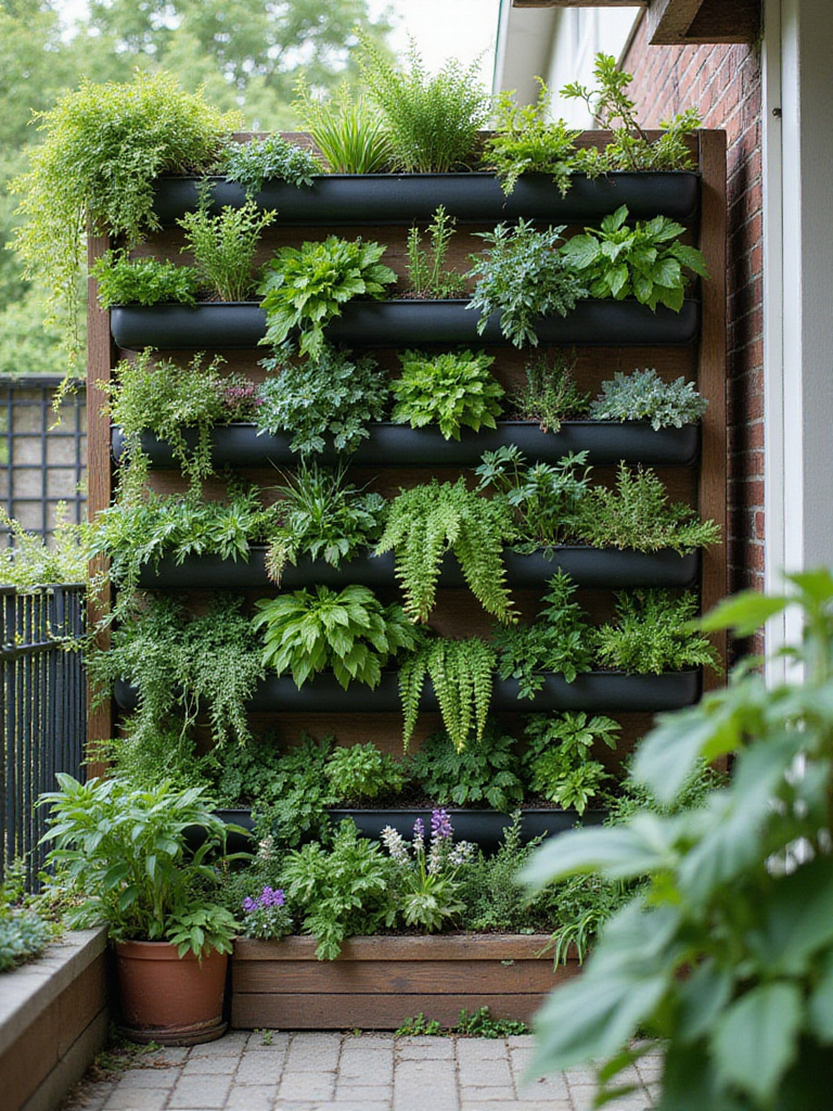 Vertical garden in a compact patio setting, showcasing a variety of plants in tiered planters.