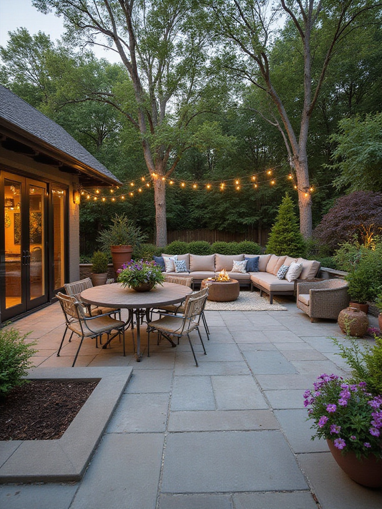 A beautifully designed patio with distinct zones including a dining area, lounge area, and garden nook, showcasing enhanced outdoor living.