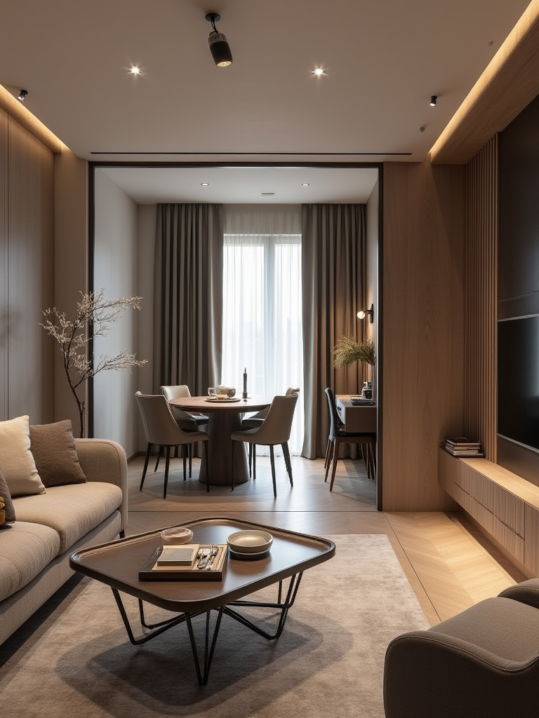 Open concept living room with defined zones including lounging area, dining nook, and workspace