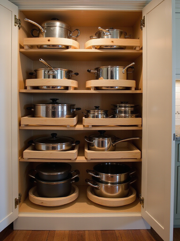 Neatly organized kitchen cabinet with pots, pans, and lid organizers