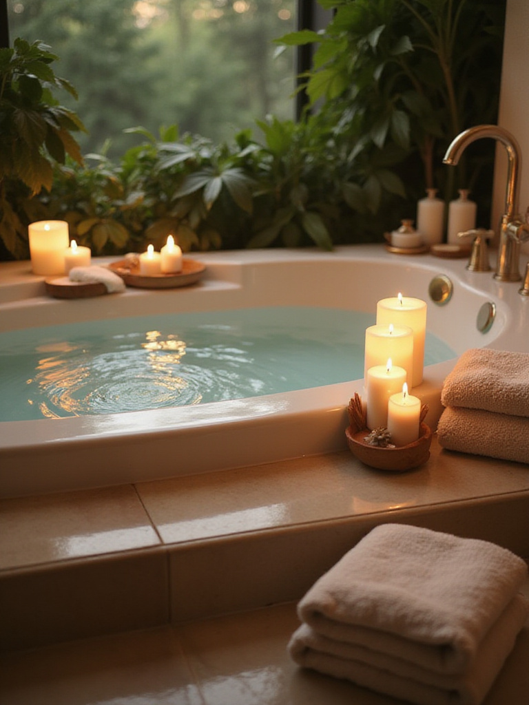 A tranquil bathroom scene with a deep soaking tub, candles, and soft lighting, representing hydrotherapy benefits.