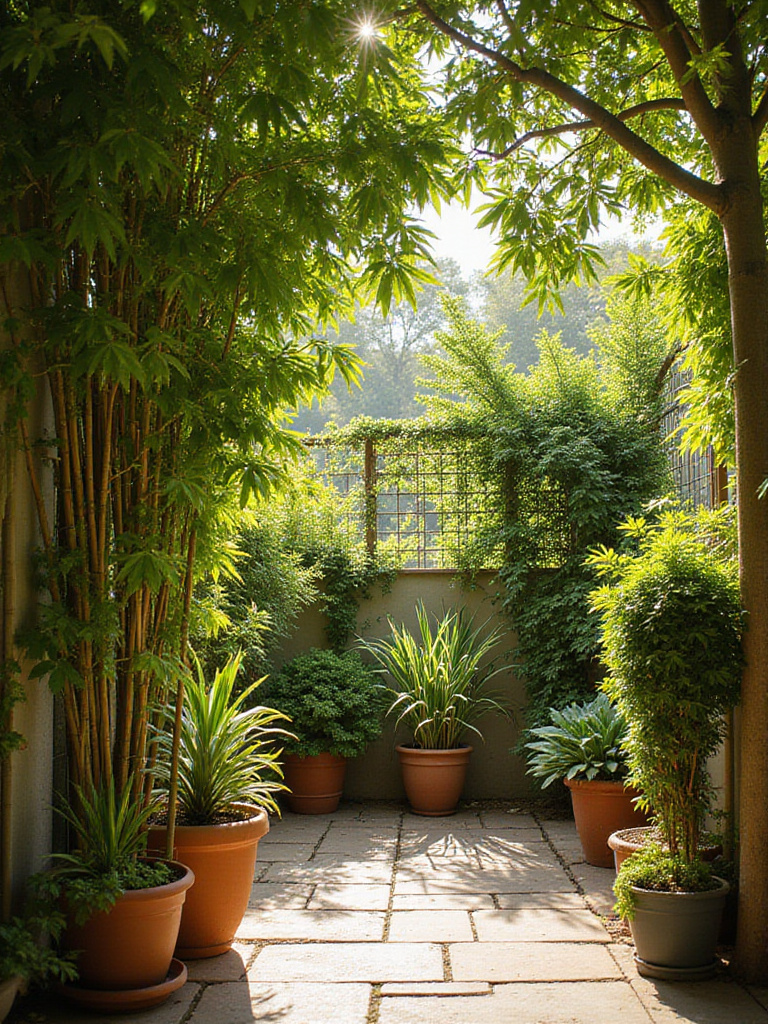 A vibrant patio filled with lush greenery, including bamboo and climbing vines, creating a natural privacy screen.