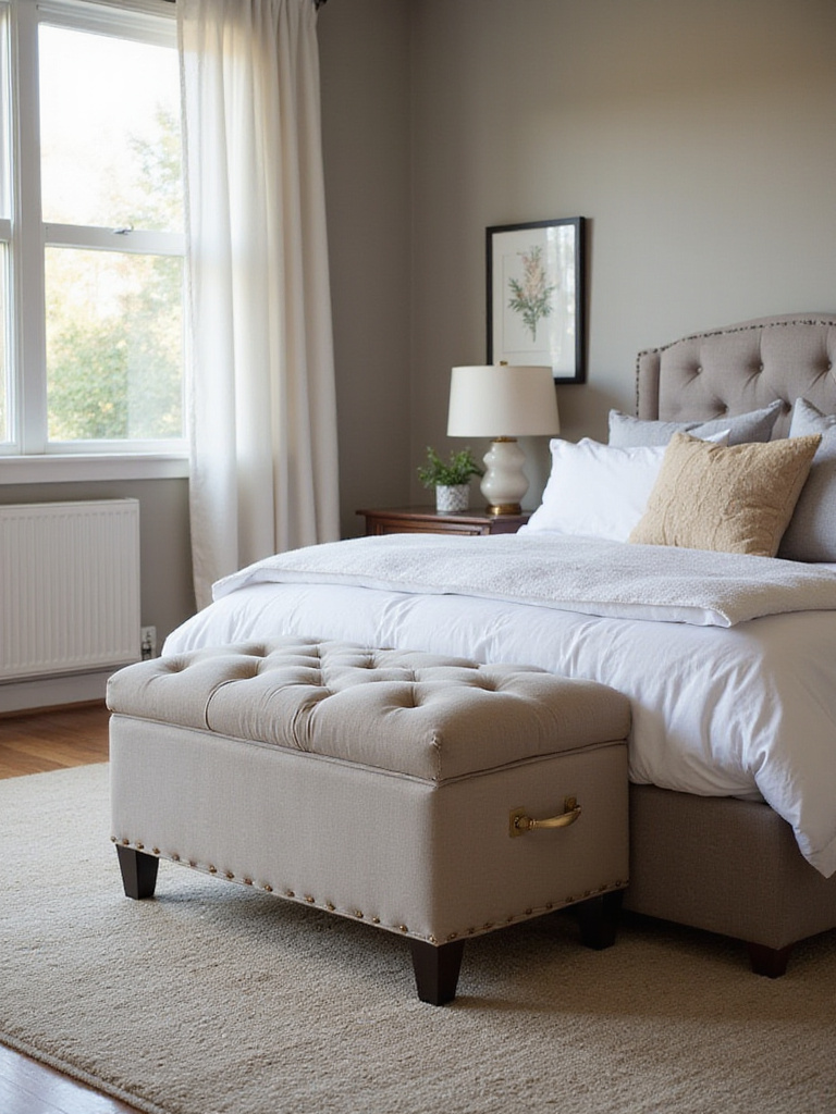 Stylish bedroom with a storage ottoman at the foot of the bed, showcasing multifunctional furniture.