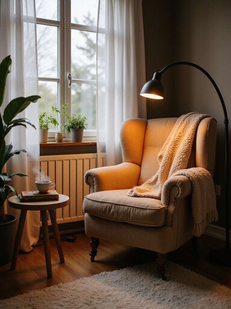 Cozy reading corner with an armchair, side table, books, and warm lighting.