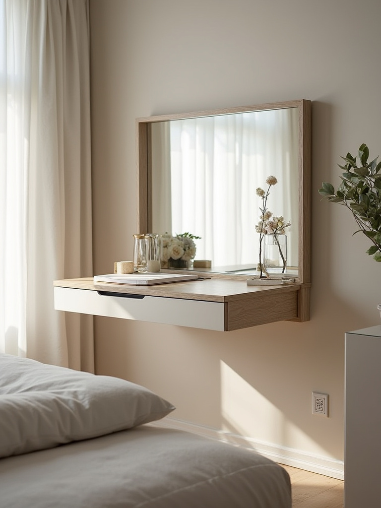 A serene bedroom featuring a wall-mounted fold-down desk and vanity in a compact space.