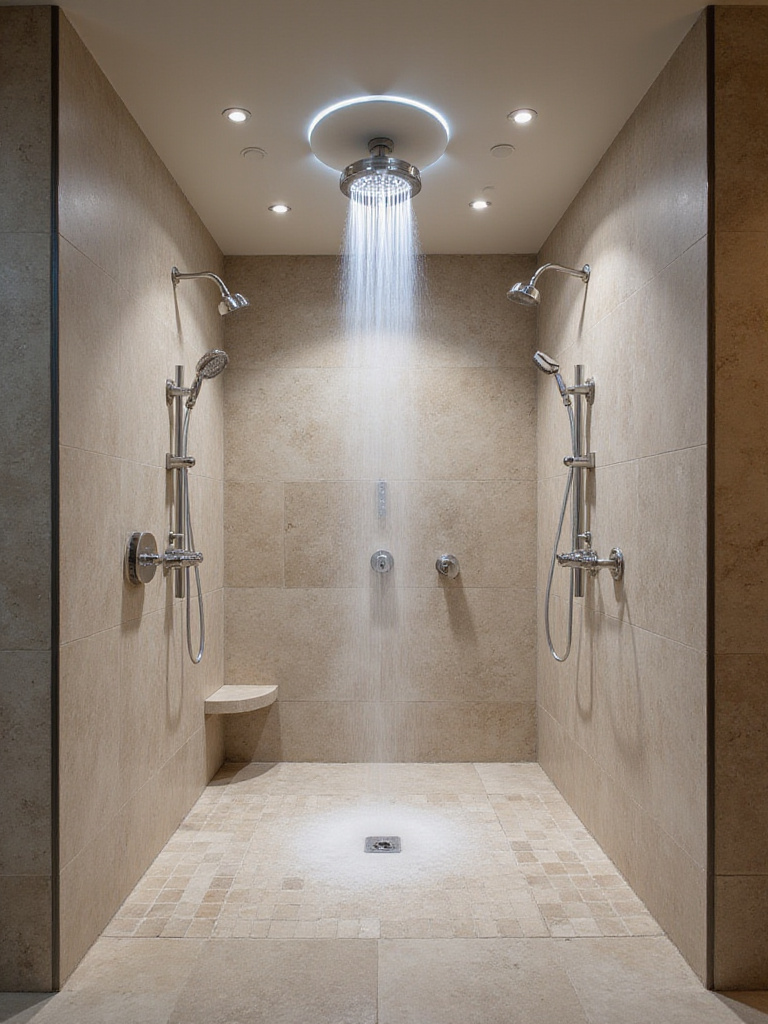 Luxurious expansive walk-in shower oasis with multiple shower heads and soft ambient lighting.