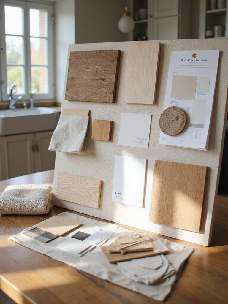 Kitchen design inspiration board with various styles, colors, and textures.