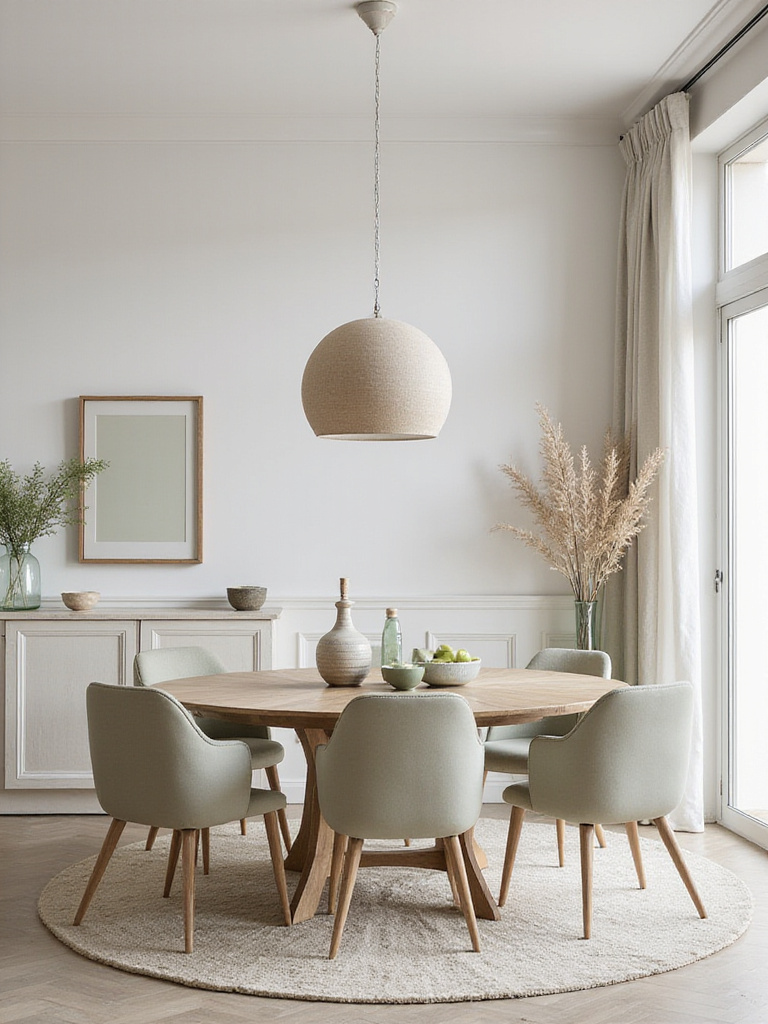 Serene color palette in a contemporary dining room with soft muted tones.