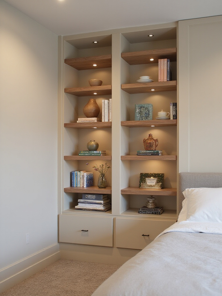 Custom-fit shelving in a wall niche and alcove in a small bedroom, showcasing organized books and decor.