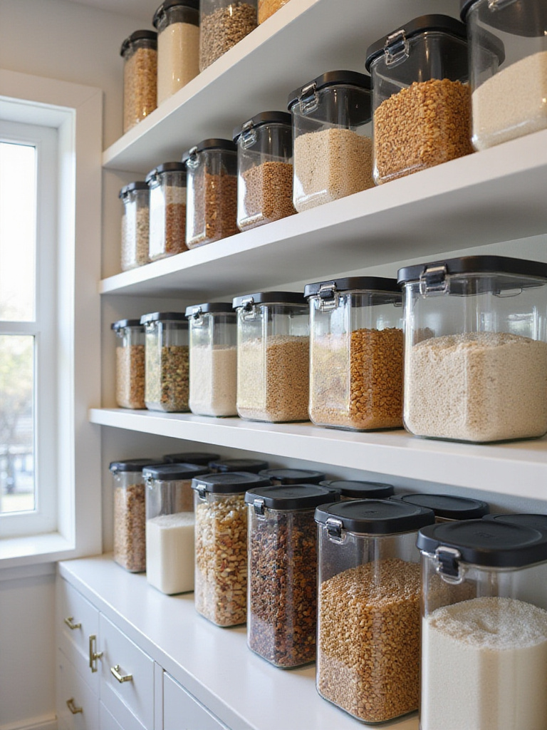 A modern pantry with airtight containers filled with various dry goods, showcasing organization and freshness.