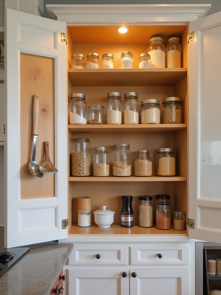 Organized kitchen cabinet interior after deep cleaning.