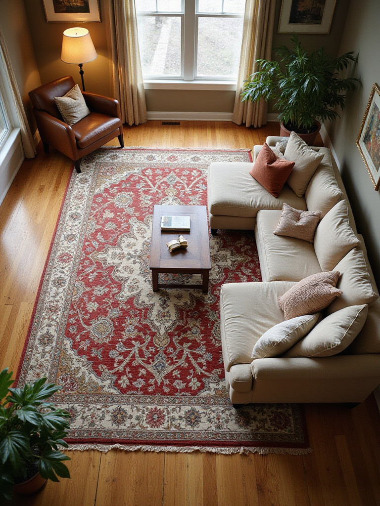 Cozy living room with defined activity zones using rugs and furniture