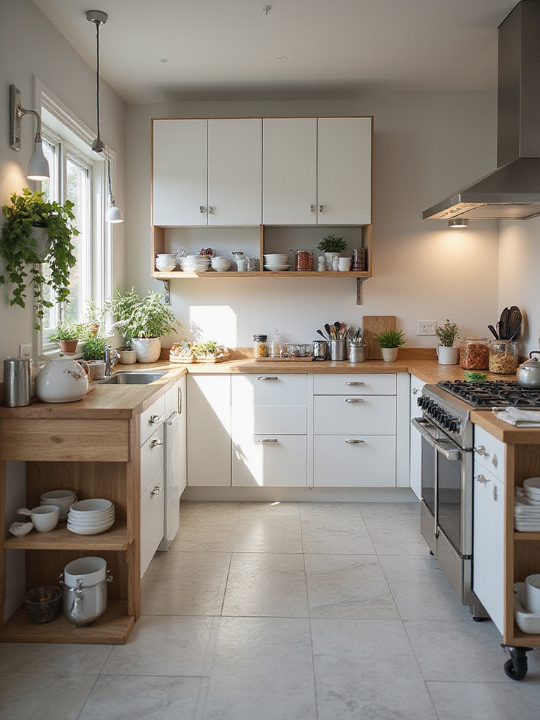 Modern kitchen design featuring distinct zones for food storage, prep, cooking, and cleaning.