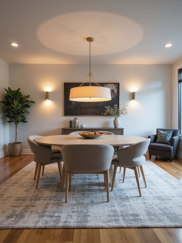 Contemporary dining room in an open-concept layout with a defined dining space.