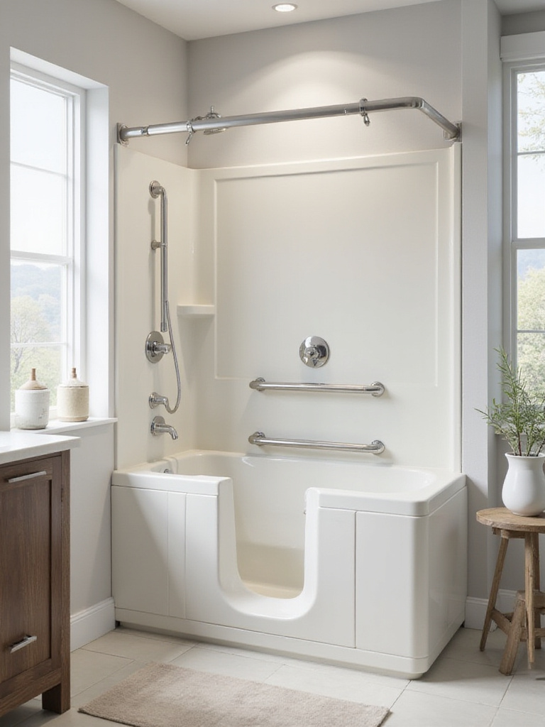 Smart walk-in bathtub with safety features in a modern bathroom setting.