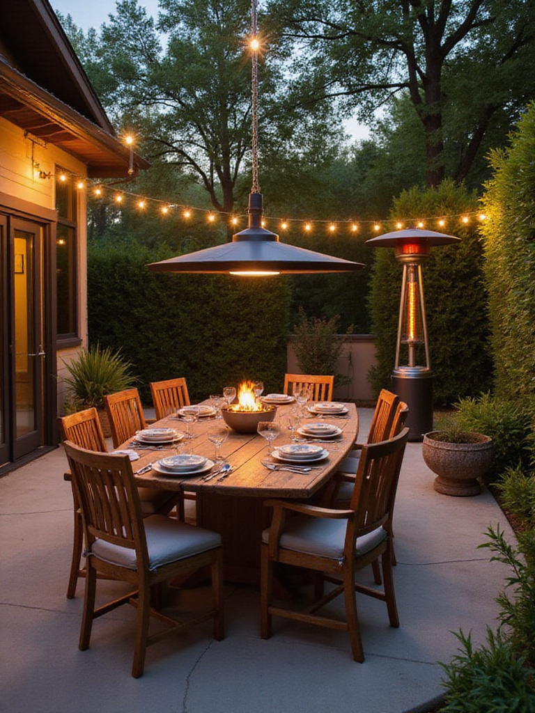 Beautifully designed outdoor dining area with rustic wooden table and ambient lighting