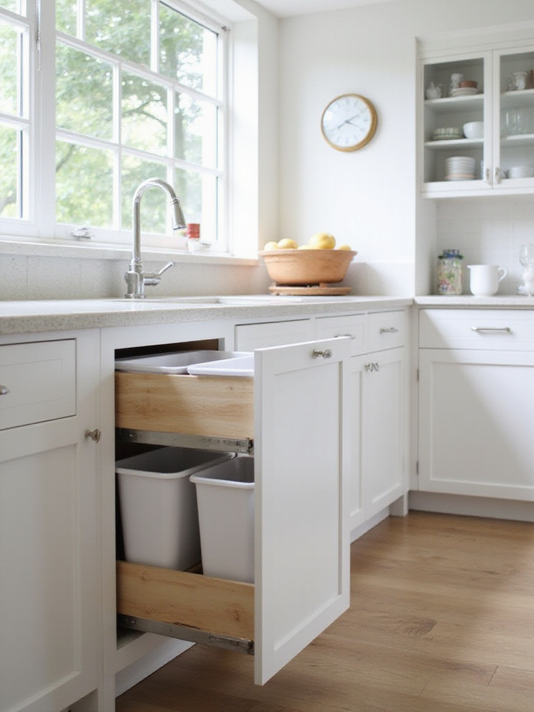 Modern kitchen with discrete waste and recycling center integrated into cabinetry