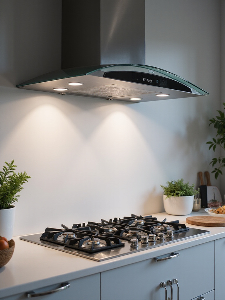 Modern kitchen with effective ventilation system and ducted range hood above gas cooktop