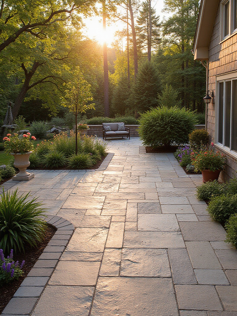Upgraded patio flooring showcasing stylish porcelain pavers with surrounding garden.