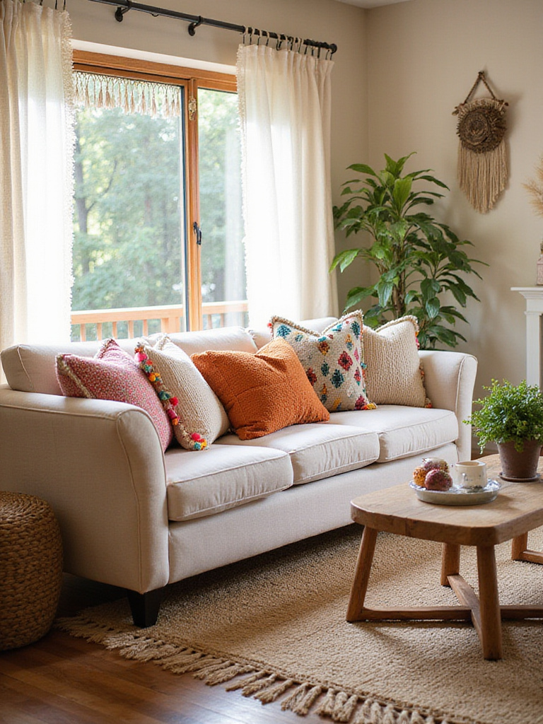 A bohemian living room with fringe and tassel decor