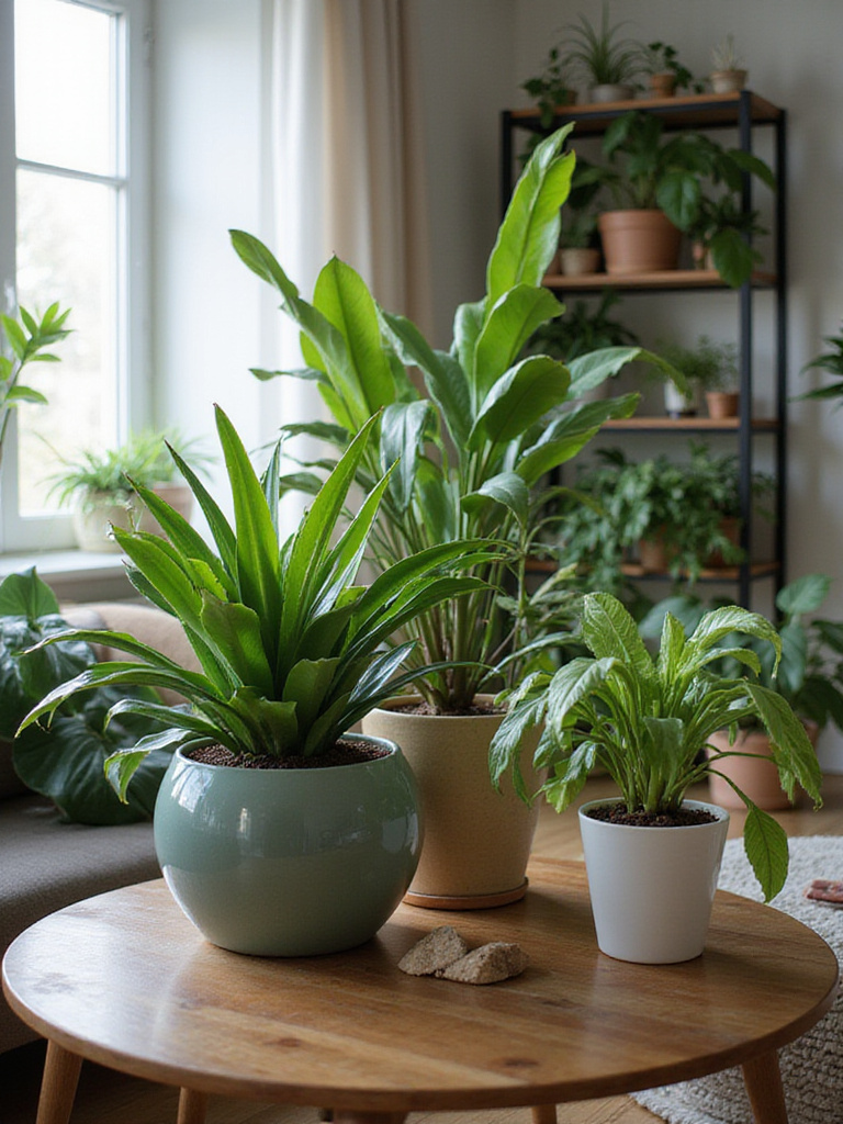 Cozy apartment living room with various apartment-friendly plants in natural light