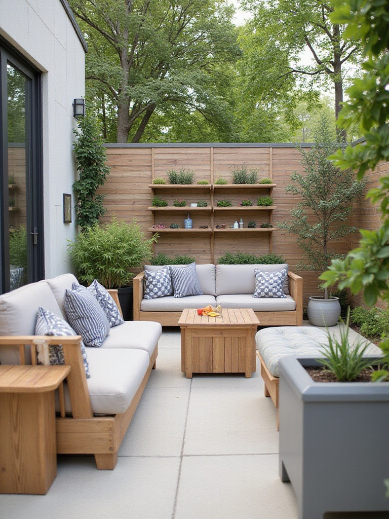 A well-organized patio with smart storage solutions, showcasing a deck box and vertical planters.