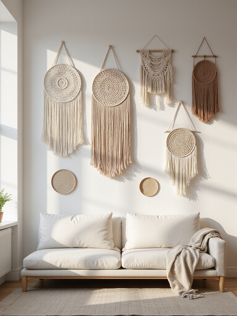 Living room wall decorated with macrame and woven art in a boho style