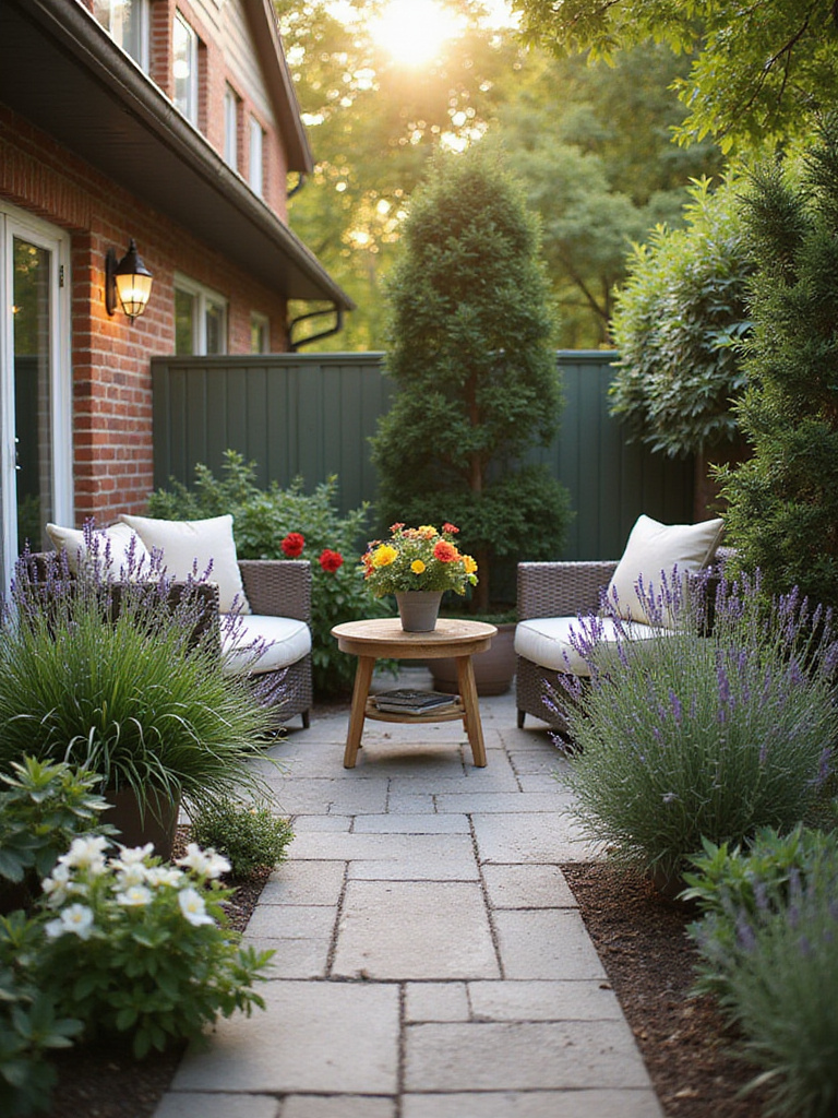 A serene patio filled with fragrant plants like lavender and rosemary, inviting relaxation.