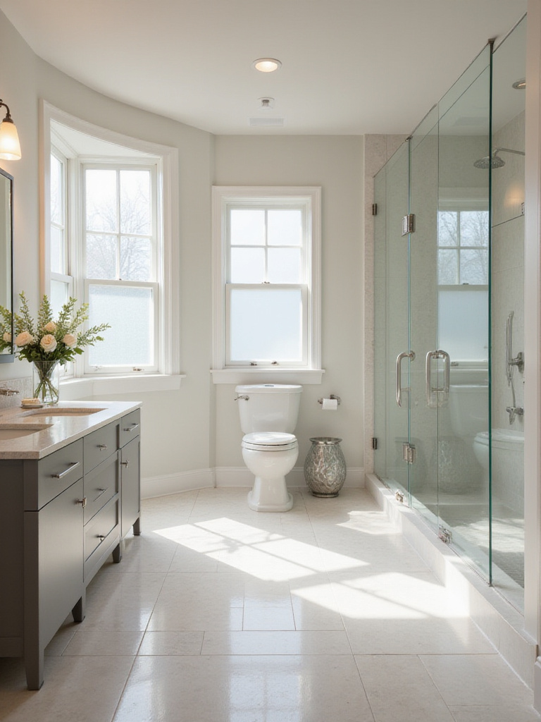 Optimized bathroom layout with double vanity and walk-in shower