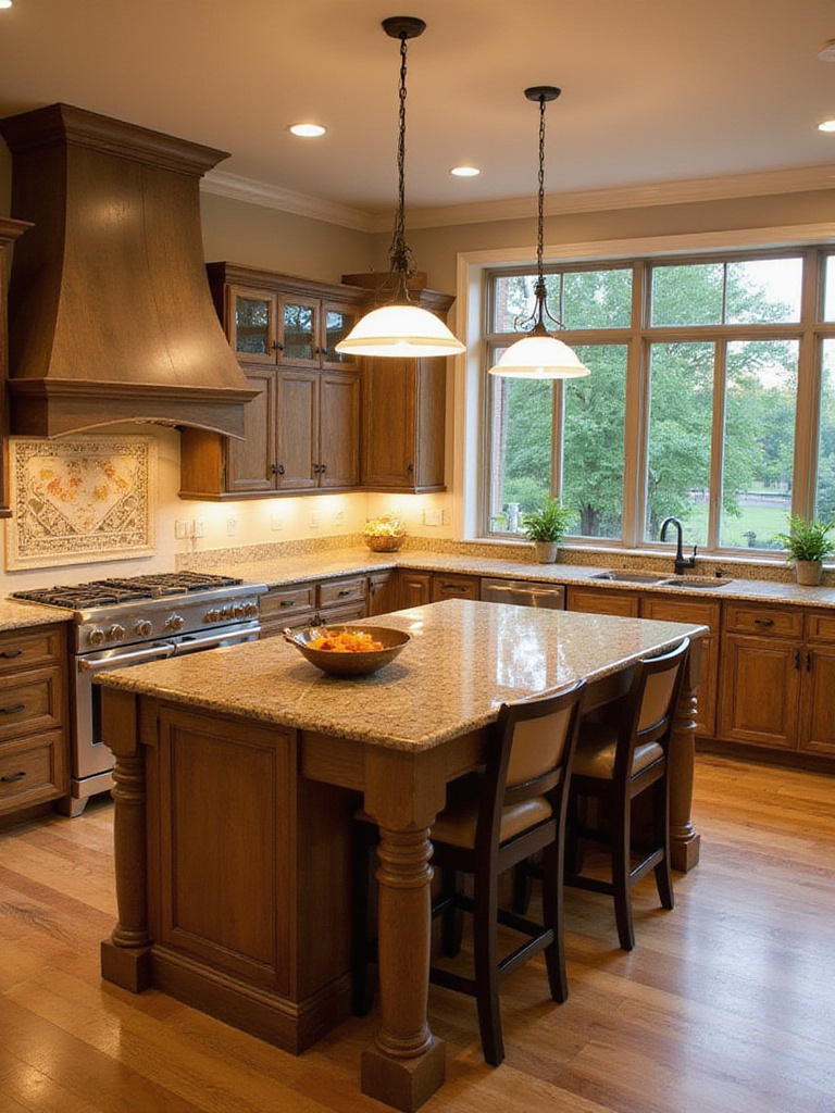 A well-designed kitchen featuring a multi-purpose island with distinct zones for cooking, dining, and homework.