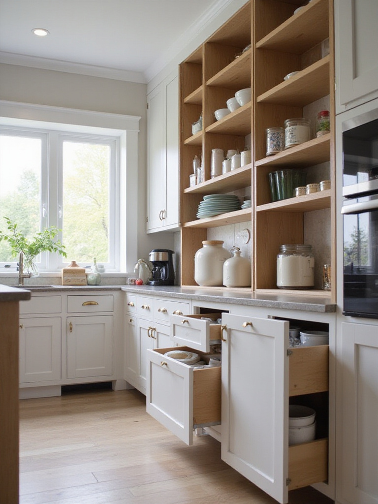 Modern kitchen with smart storage solutions and organized cabinets