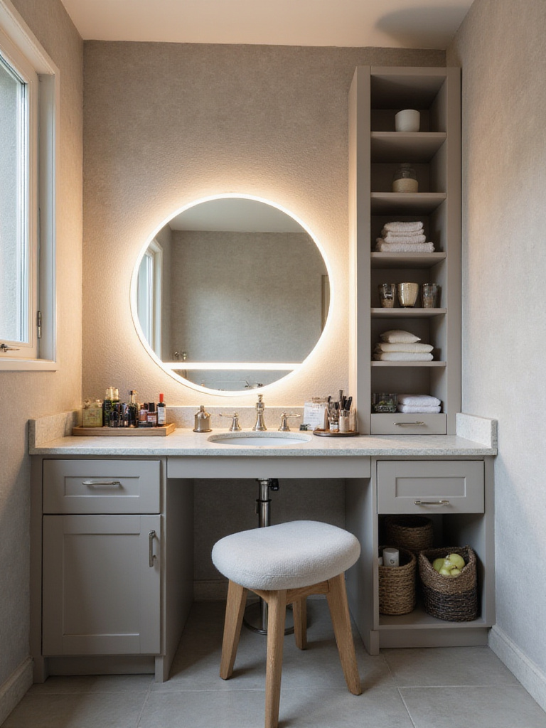 Dedicated makeup nook in a bathroom with organized storage and optimal lighting