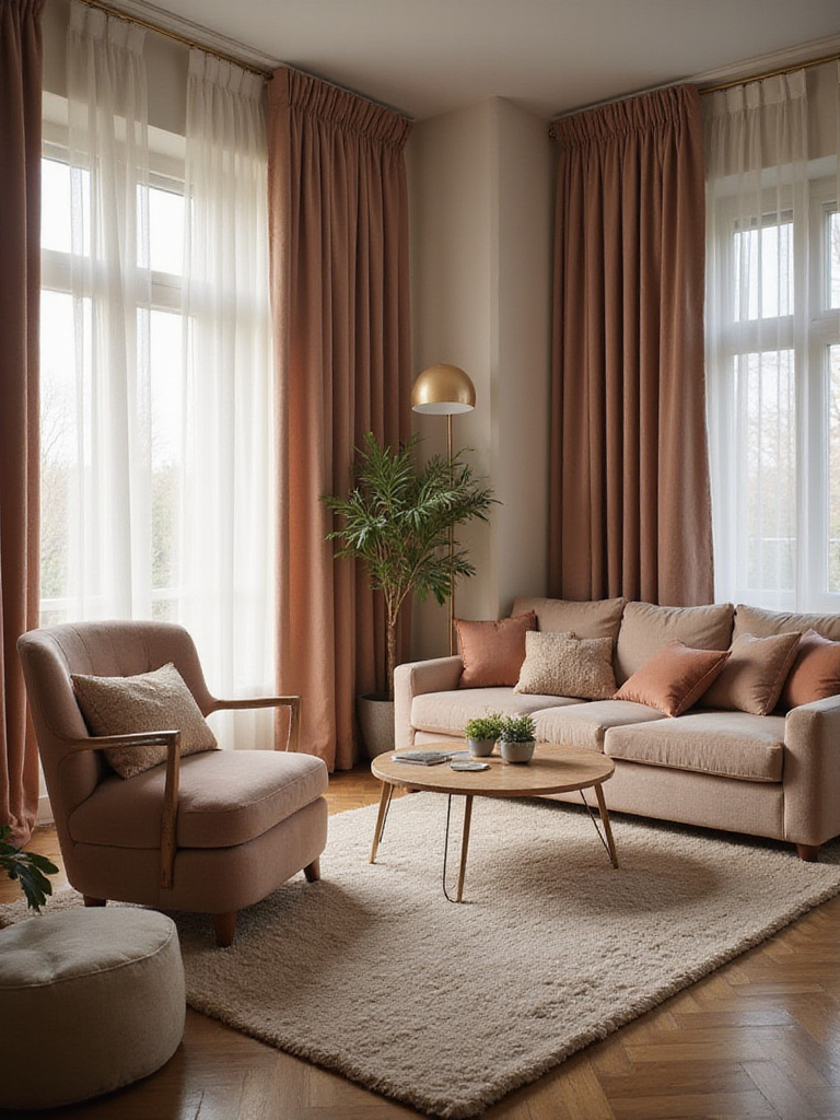A tranquil living room with noise-reducing elements like thick curtains and plush furnishings.