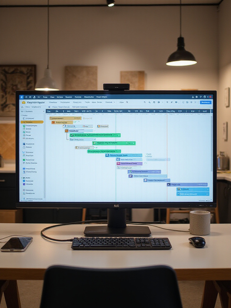 Detailed project timeline displayed on a monitor in a kitchen renovation office.