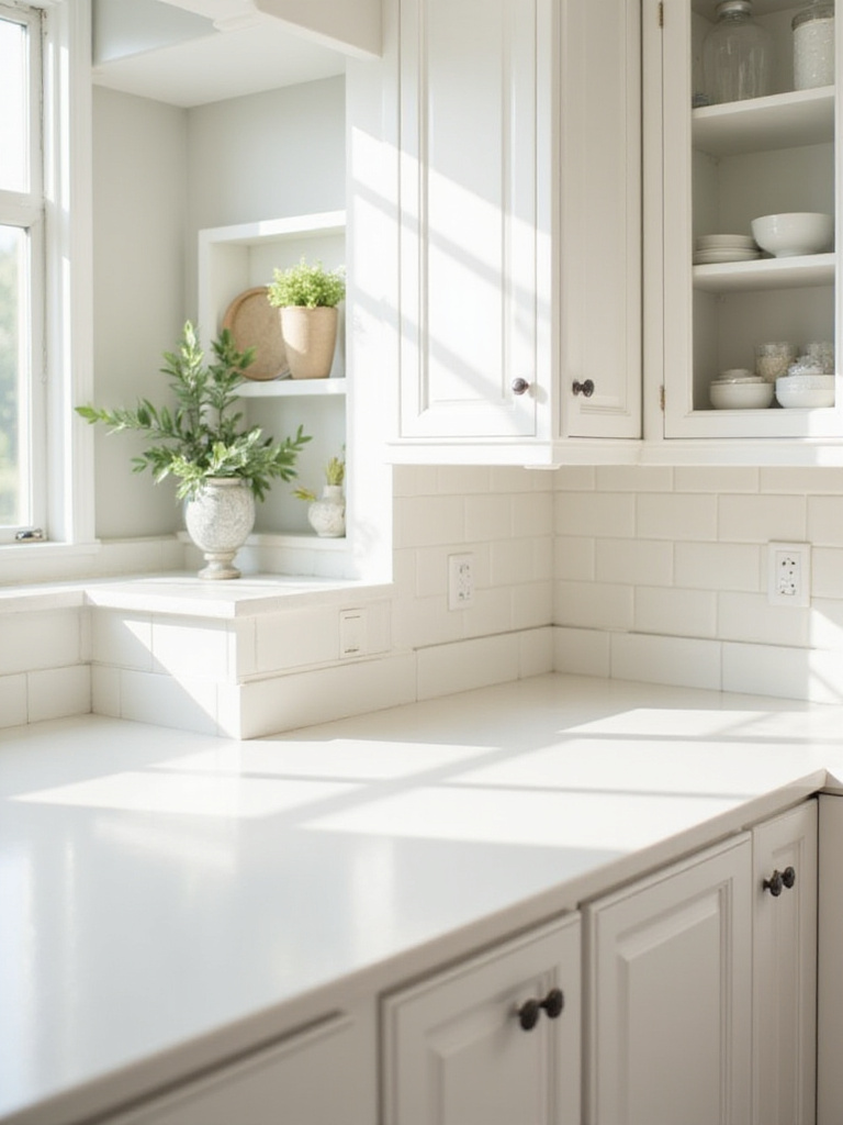 Bright kitchen with white cabinets and organized countertop