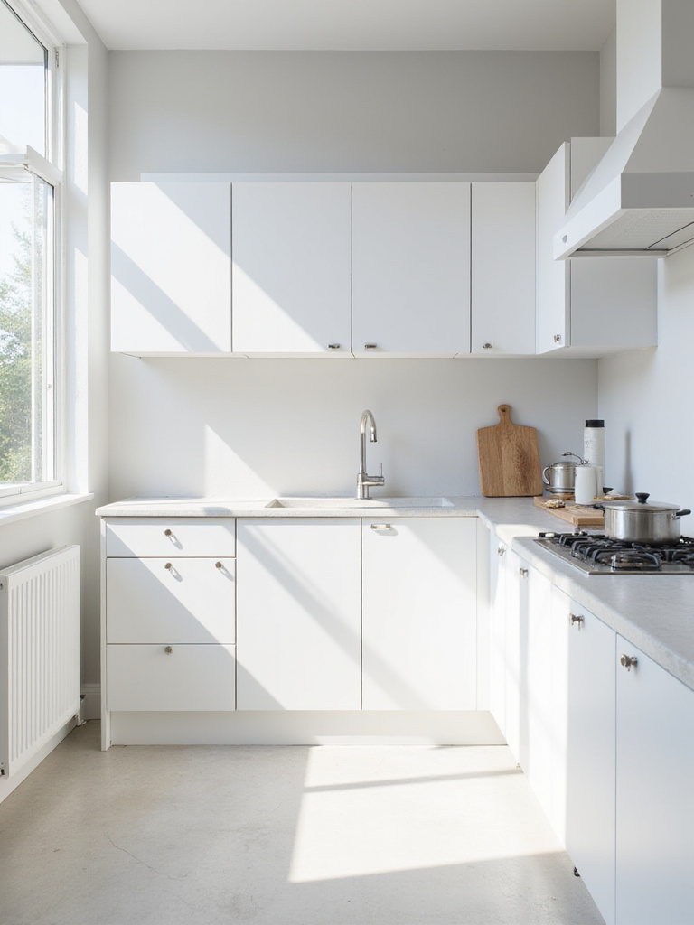 Modern kitchen with white cabinets, showcasing a bright and airy design.