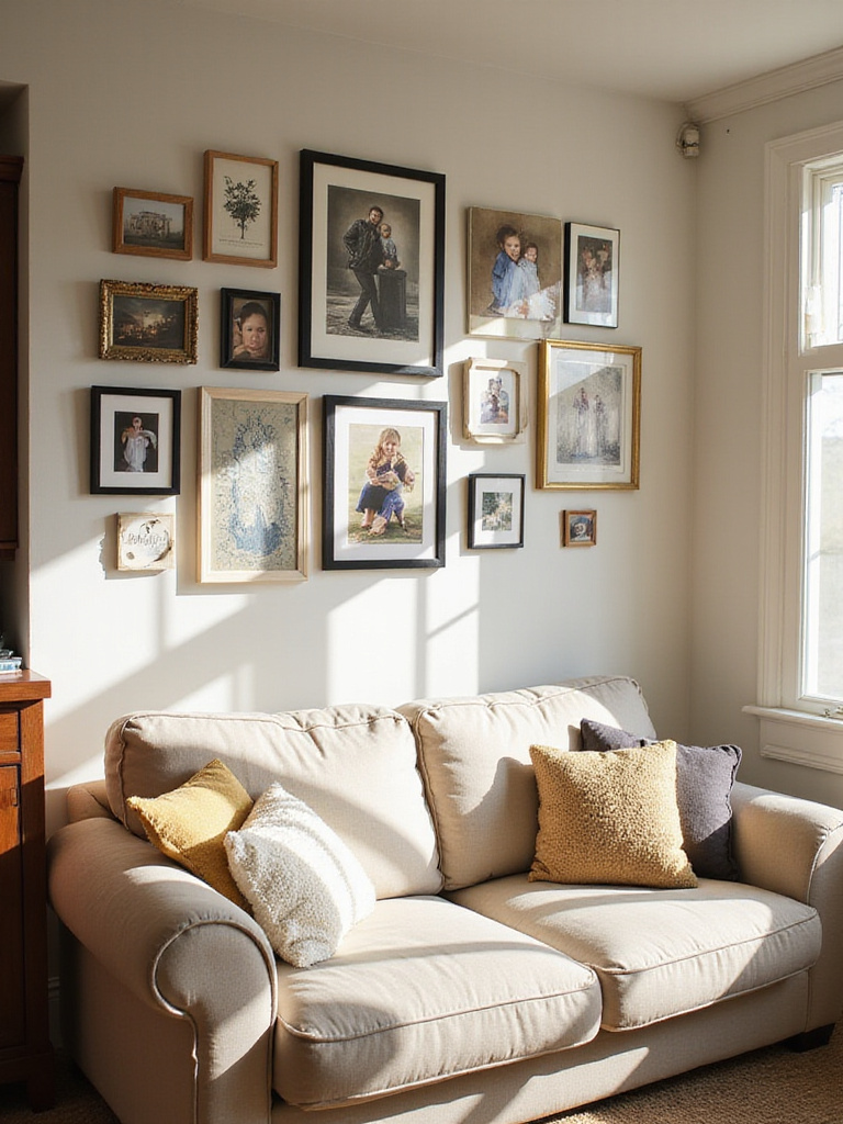 Cozy living room showcasing personal mementos and beloved artwork on a gallery wall above a sofa.