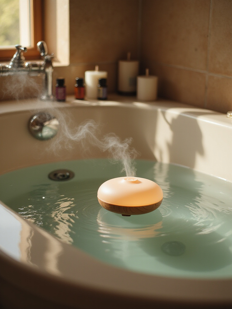 Luxurious bathroom with an aromatherapy bathtub diffuser and essential oils