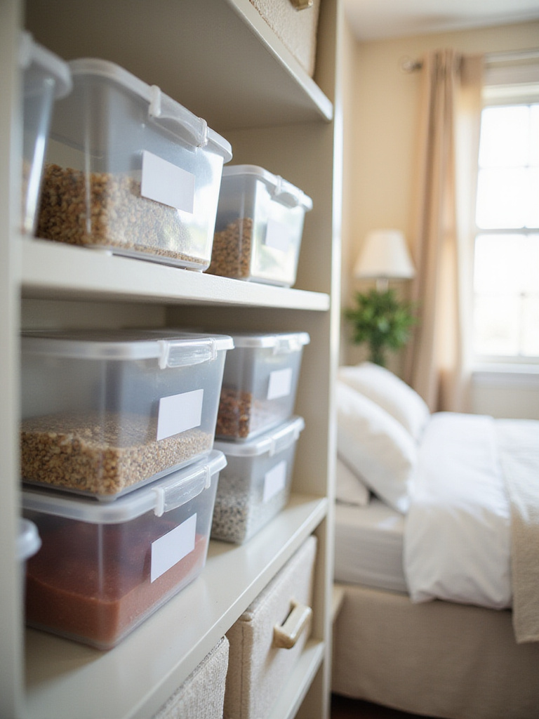 Organized bedroom with stackable clear bins on shelves