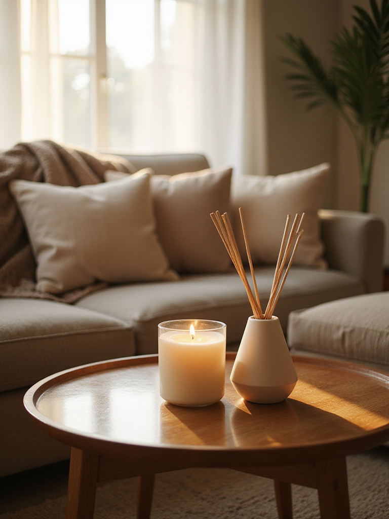 Cozy living room with warm inviting aromas from candles and diffusers