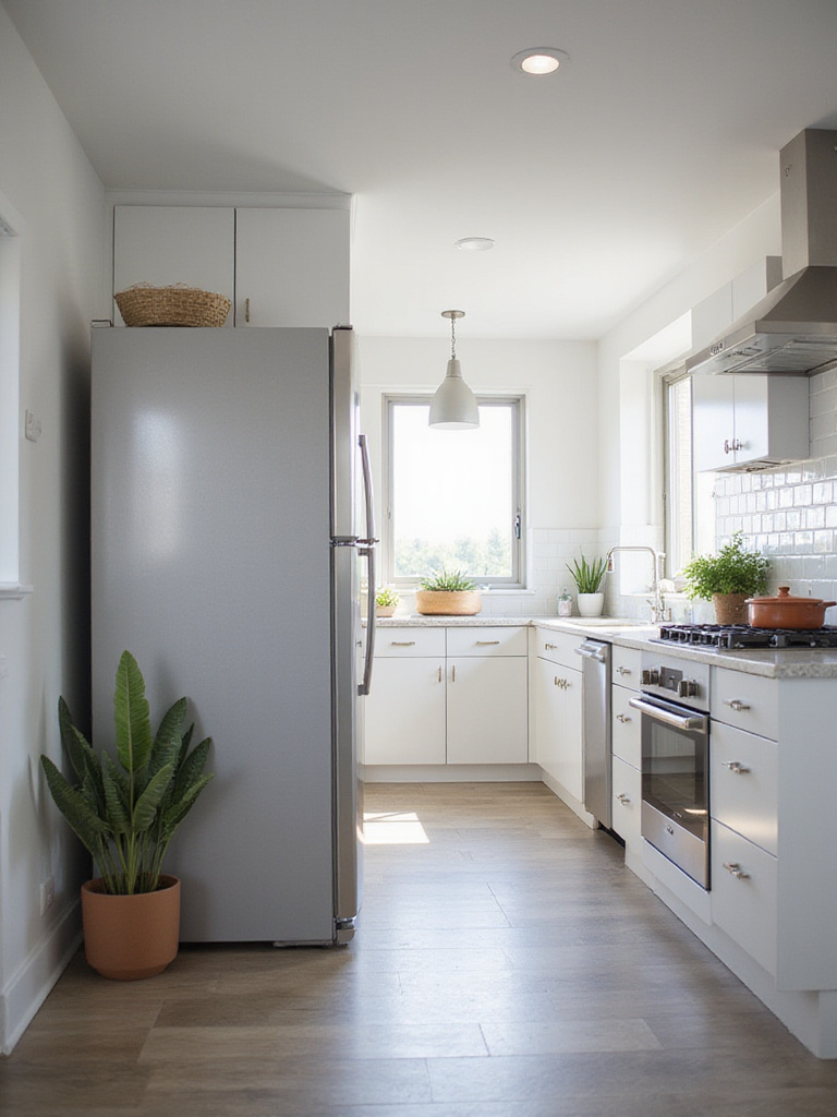 Modern kitchen layout with strategic refrigerator placement